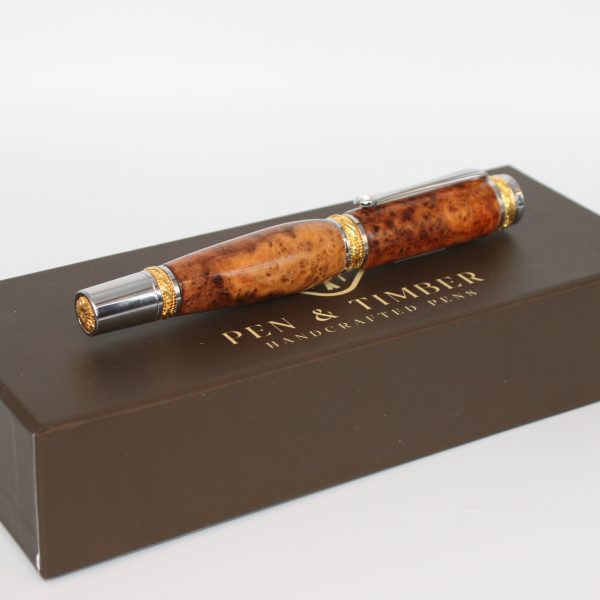 Majestic Burl Fountain Pen | Handcrafted Luxury Writing Instrument with Gold and Chrome Elegance