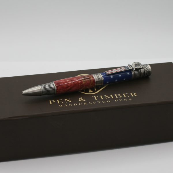 Patriotic Bald Eagle & Flag Pen with Exotic Burlwood Grain, Handmade Gift for Veterans and Collectors