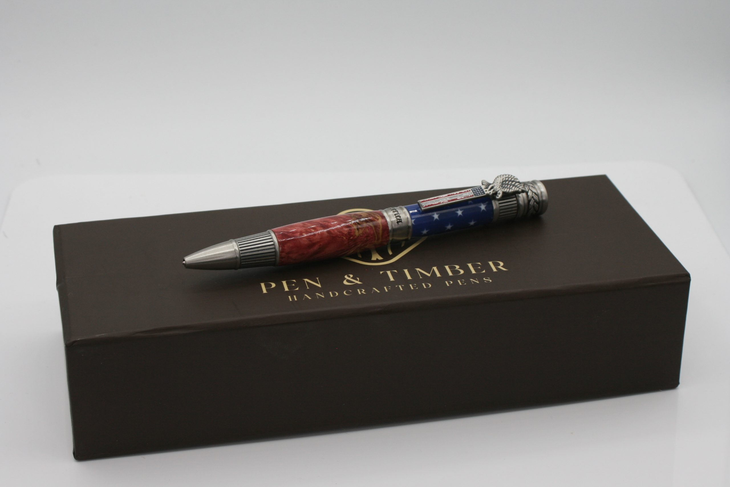 Patriotic Bald Eagle & Flag Pen with Exotic Burlwood Grain, Handmade Gift for Veterans and Collectors
