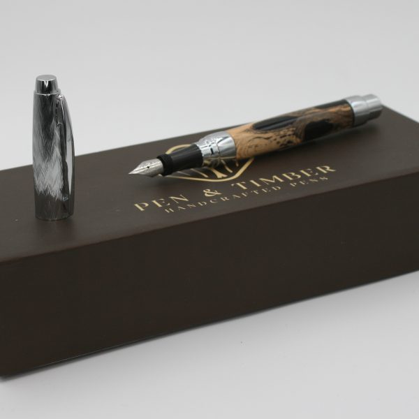 Chrome Fountain Pen | Noir Cholla Hybrid Resin | Handturned Exotic Writing Instrument
